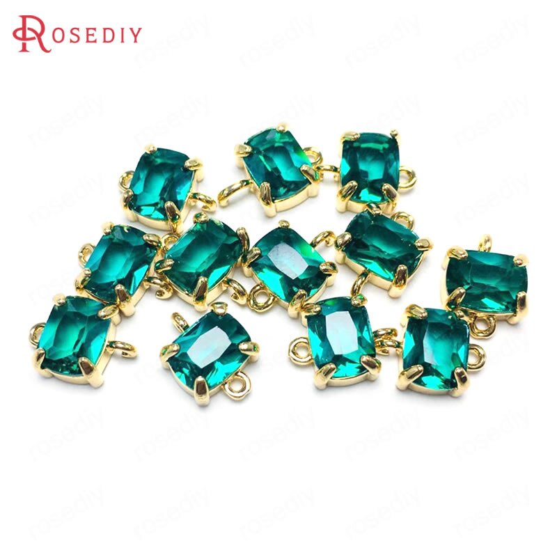 (38230)6PCS 8x10MM 24K Champagne Gold Color Brass and Glass 2 Holes Rectangle Connect Charms Pendants Diy Findings Accessories: Deep Green