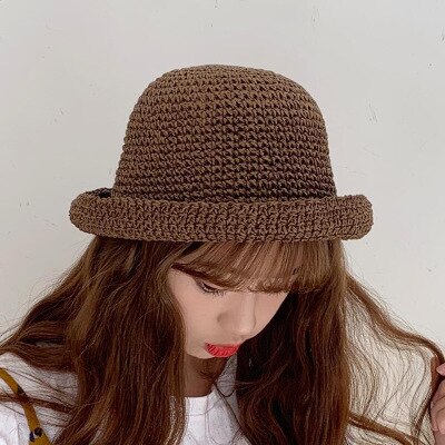 Dame strandhætte foldbar floppy bredkant stråhat håndlavet hæklet solhætter sommer spand hatte til kvinder: Kaffe