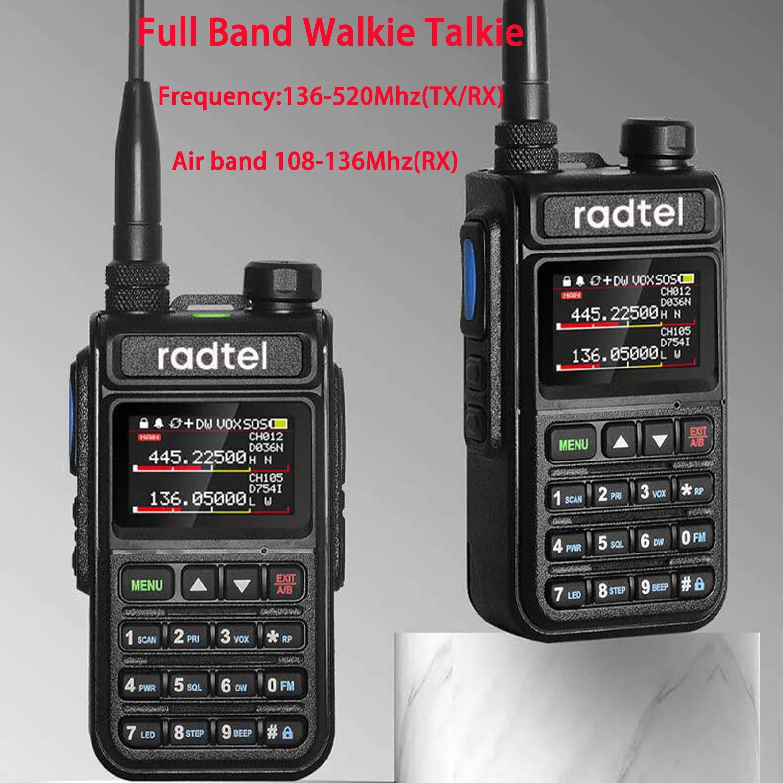 Radtel RT-890 Vollband-Amateurfunk 2-Wege-Radio 999CH Walkie Talkie AM Air Aviation Band Farbscanner Marine NOAA Scan