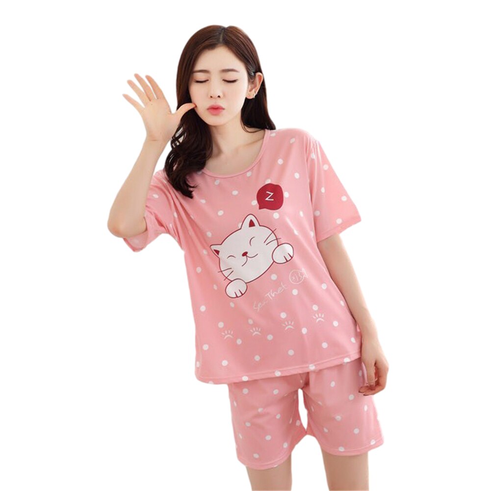 Summer Women Pajamas Set Summer Sleep Wear Set Cute Short Sleeve Pajamas Suit Shorts Nightwear Cotton Sleeping Cat Pink 2XL: 2XL