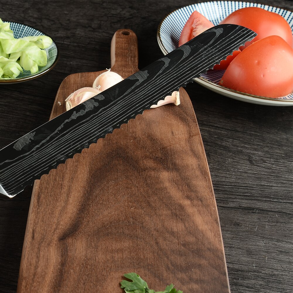Qing brödkniv 8 tums bakkniv set högkolhaltigt rostfritt stål tårtbrödsskärare klyftare kök matlagning bakverktyg