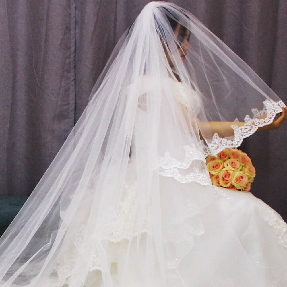 2 Schichten Lange 3 M Hochzeit Schleier 3 Meter 2 T Pailletten Spitze Abdeckung Gesicht Weiß Elfenbein Braut schleier Braut Zubehör