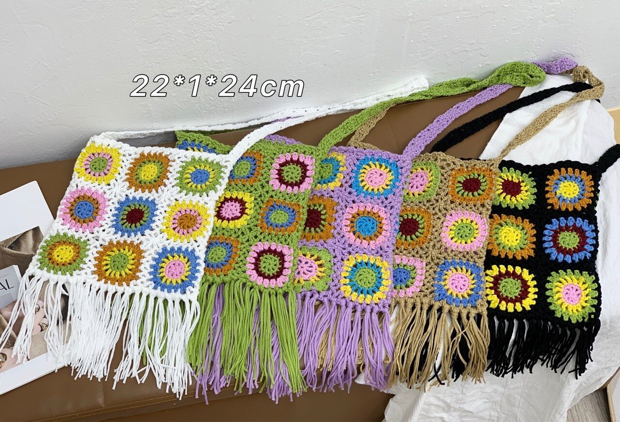 Zomer Kwastje Bloemenprint Gehaakte Shopper Tas Breien Hollow Out Schouder Strandtas Casual Luiheid-Stijl Handtas Voor Vrouwen