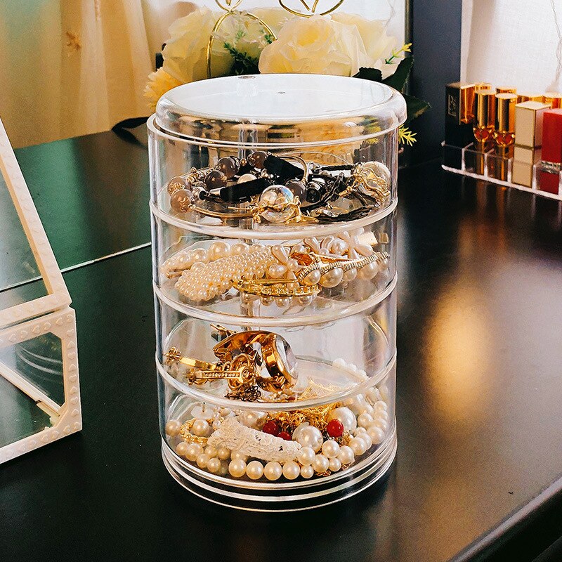 Transparent 360 Degree Rotating Dustproof Jewelry Box Small Multilayer Earring Ring Hairpin Jewelry Display Rack Storage Box