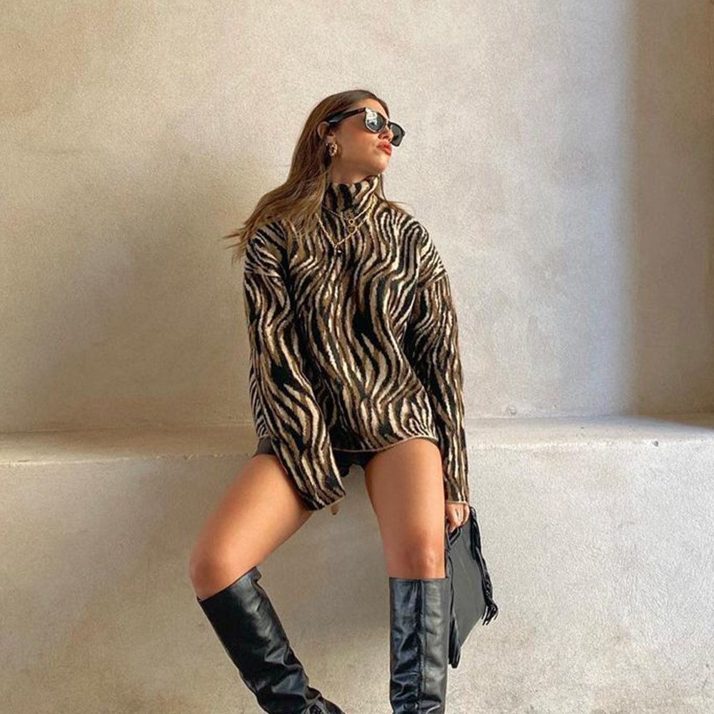 Women Jacquard Animal Print Knit Sweater High Neck Long Sleeves Chic Lady Woman Casual Pullover Warm Knitwear Top