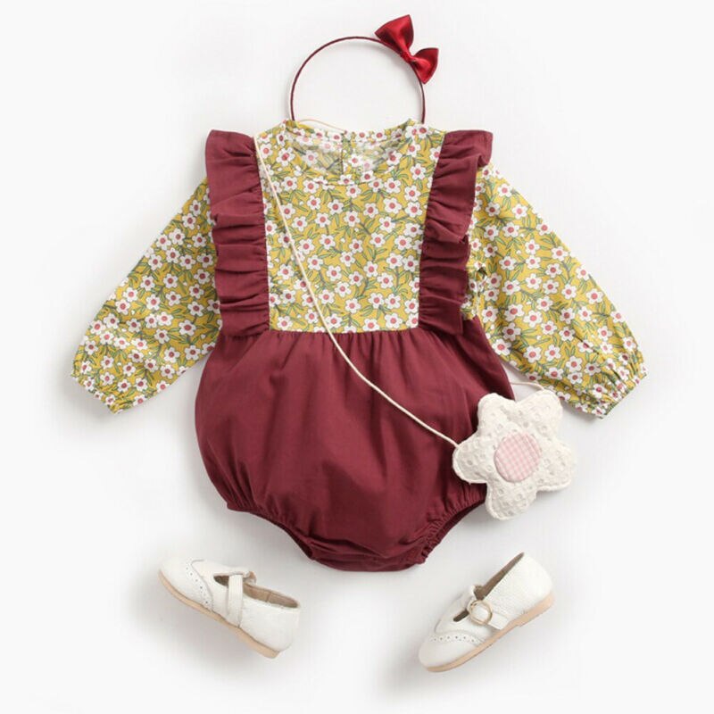 One Piece Bodysuits Infant Baby Girl Long Sleeve Flower Print Long Sleeve Ruffles Jumpsuit Outfits