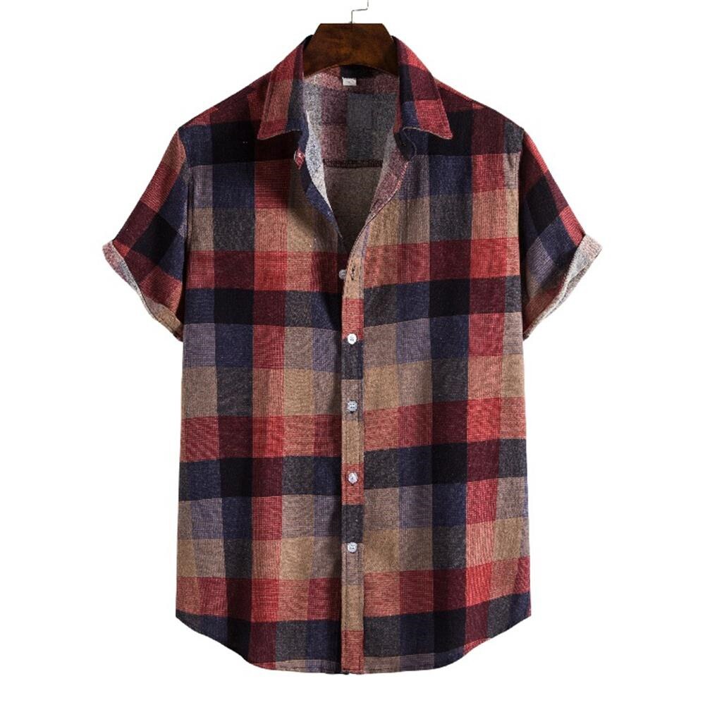 Men Shirts Plaid Short Sleeve Turn-dwon Collar Casual Shirts Men Clothing Button Up Shirts for Men Beachwear Camisas