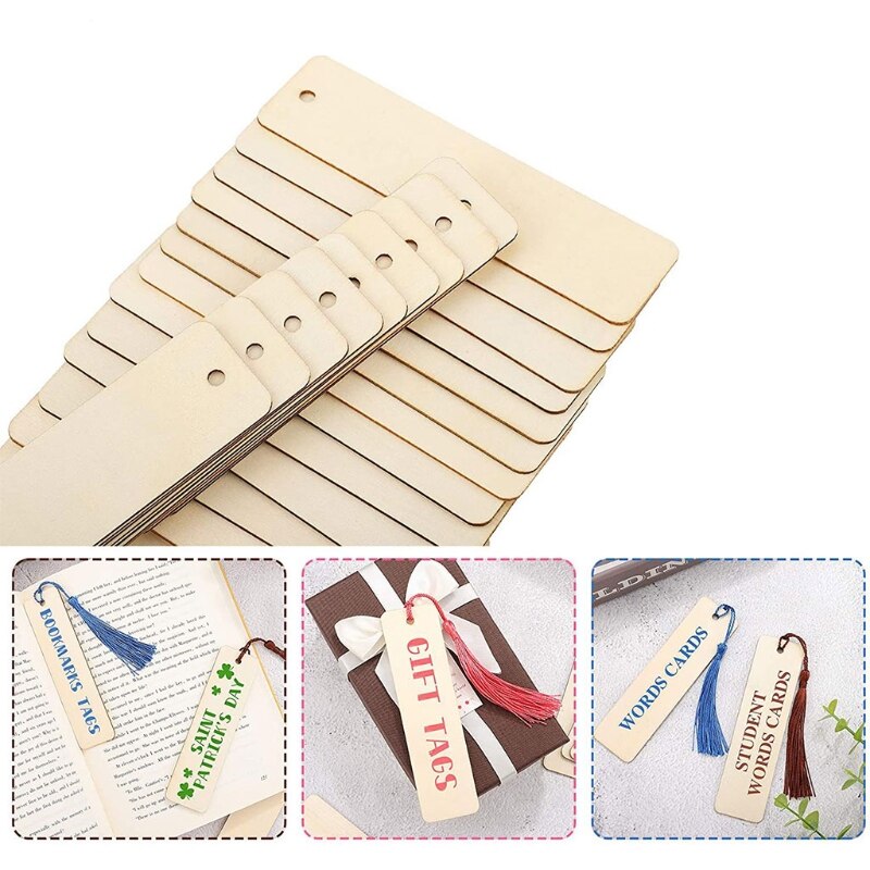 Pack of 36pcs Wooden Craft Bookmark with Tassels DIY Blank Book Page Mark Bookmark Ornaments Christmas Party Supplies