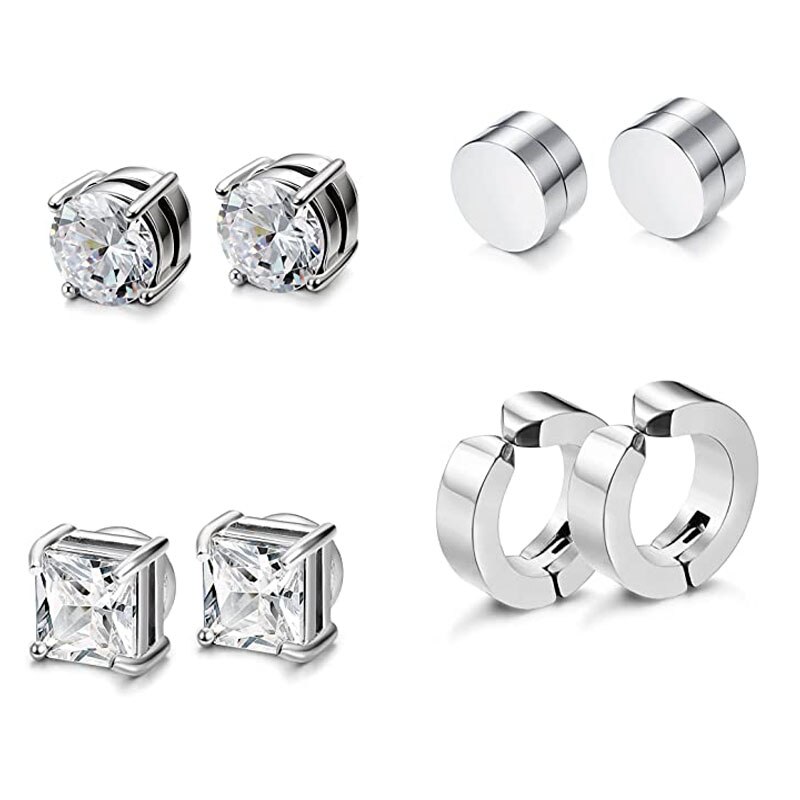 Juego de 4 pares de pendientes de acero inoxidable para hombre y mujer, tachuelas magnéticas sin perforación, CZ, Color acero de 6MM
