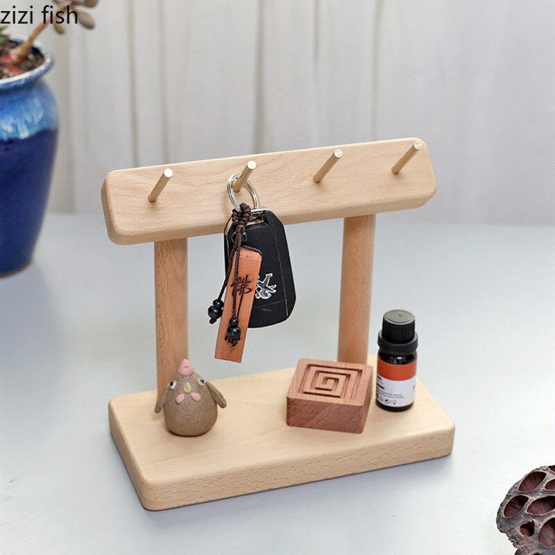 Solid Wood Brass Key Hook Storage Bracket Beech Black Walnut Desktop Seat Hook Jewelry Four Hooks Decorative Shelf Key Organizer