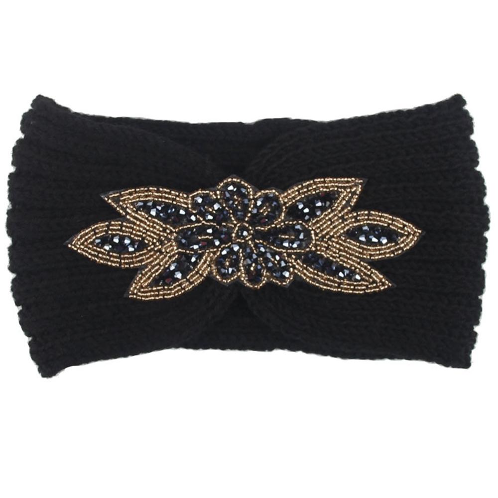 Winter Warmer Oor Gebreide Hoofdband Boog Strass Hoofddeksels Voor Vrouwen Meisjes Europese Effen Tulband Brede Haarband: Black