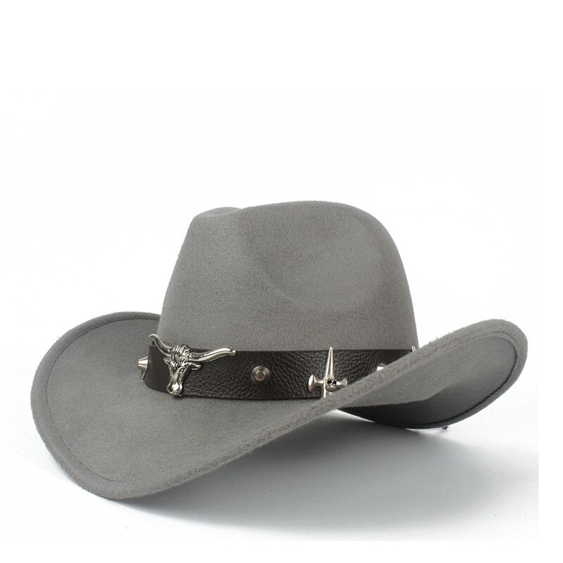 100% Wool Women Men Hollow Western Cowboy Hat With Tauren Belt Winter Outback Jazz Toca Sombrero Cap Size 56-58CM: gray