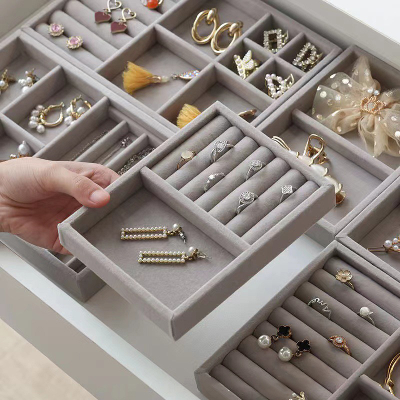 Grau Flanell Schmuck Lagerung Kasten Haushalt Schublade Ohrringe Halskette Ring Tablett Kopf Seil Ohr Clip Anzeige Ablage Kasten Neue