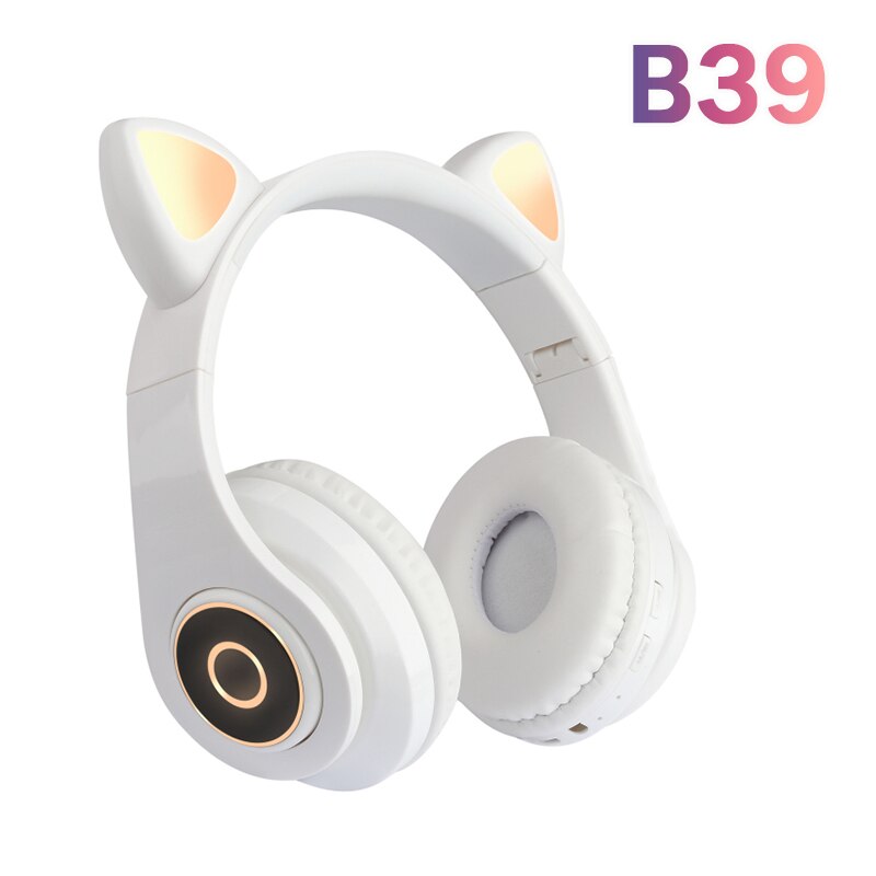 Cute Cat Ear Headphones Wireless Bluetooth 5.0 Adults Kids Girls Glowing LED Headset Support TF Card With Mic for: 02 white B39
