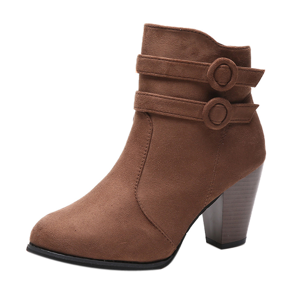 vrouwen Korte Laarzen Suede Winter Ridder Boot Gesp Mode Hoge Hak Enkel Schoenen Puntschoen Warm Bont etnische Botas: B / 40