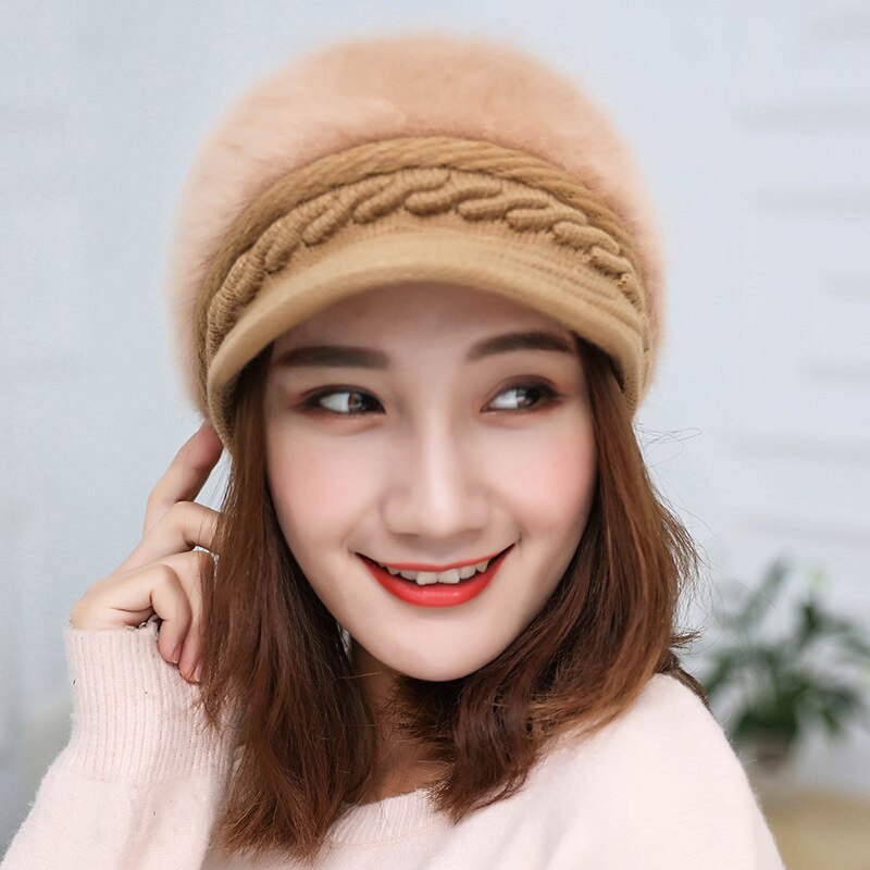 Gorros de punto con visera cálida de felpa para mujer, gorros de punto de Color sólido para mujer, boina tejida, accesorios exteriores elegantes, gorros, gorros: 07