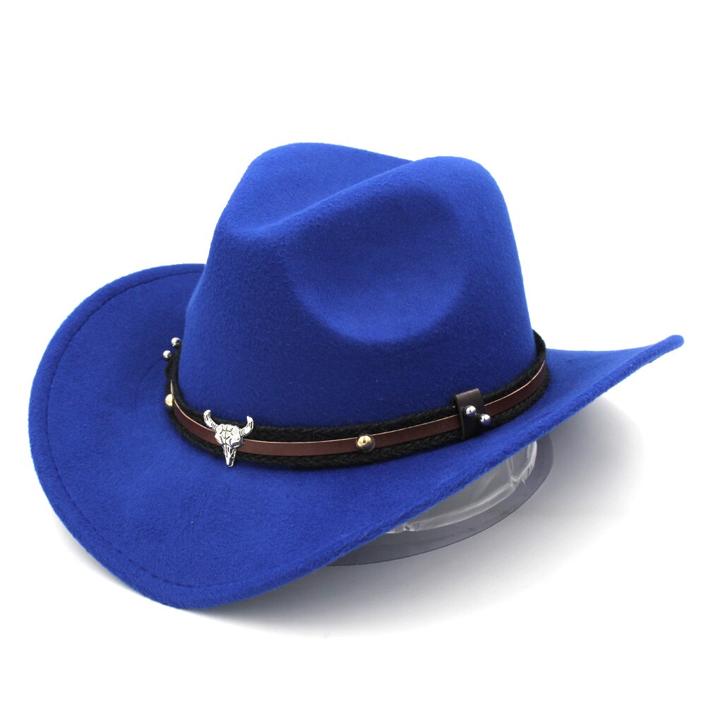 Mistdawn Wild Western Cowboy Hat Cowgirl Sombrero Cap Wool Blend Stiff Wide Brim with Tauren Leather Belt Size 56-58cm BBI: Blue