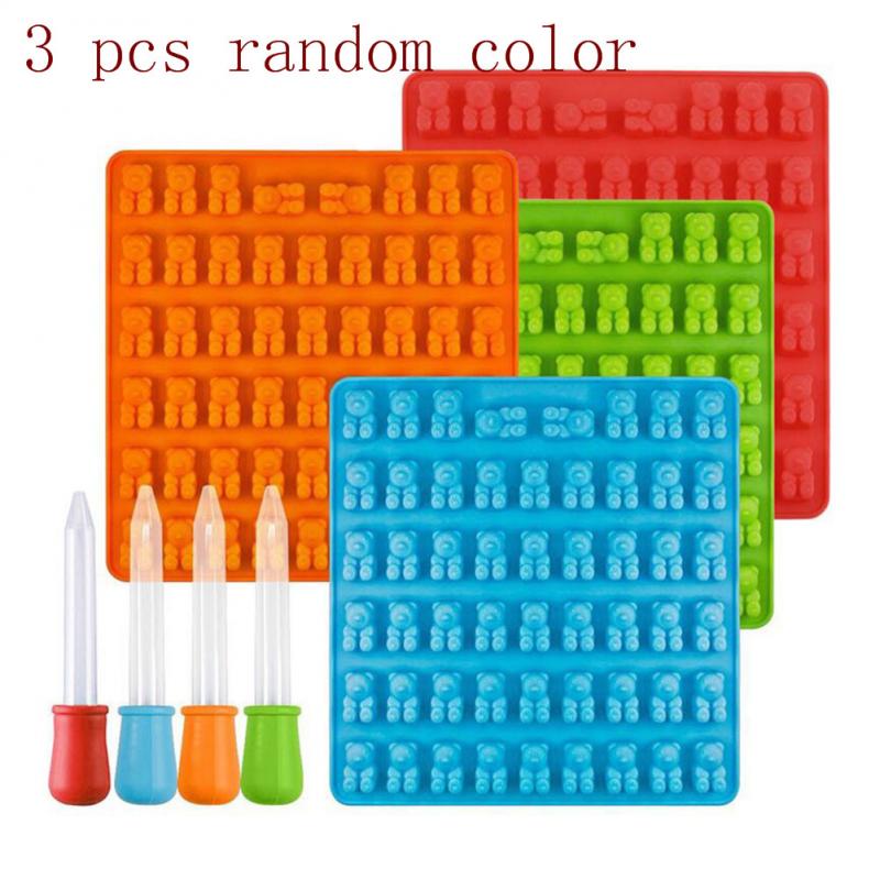 Practical Cute Gummy Bear 50 Cavity Silicone Tray Make Chocolate Candy Ice Jelly Mold DIY Children Cake Tools With dropper: 3 pcs random color