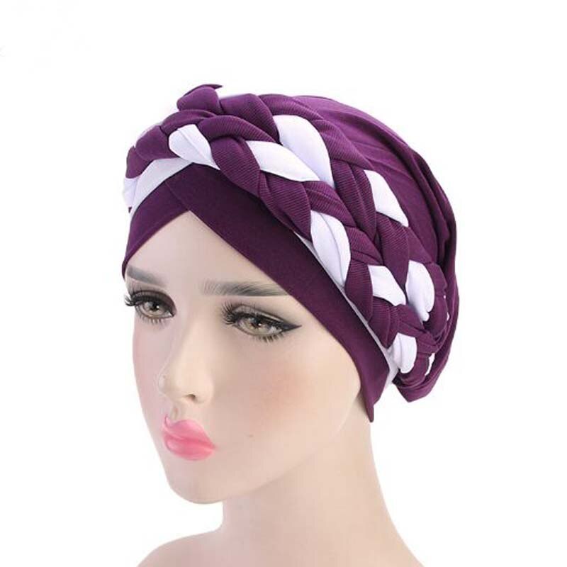 Bohemian National Twist Braid Skullies Beanies Spring Autumn Brand Turban Hats For Women Chemotherapy Cap: purple white