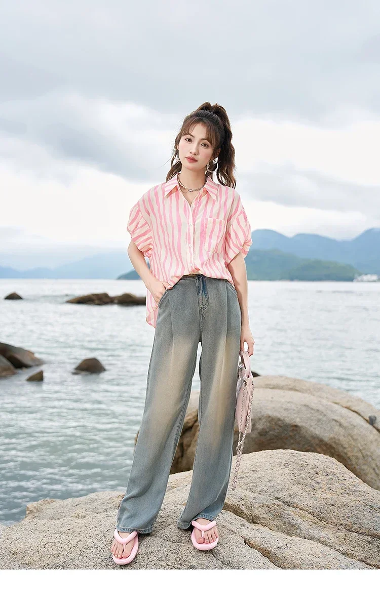 MISHOW-Chemise rayée à manches bouffantes pour femme, col polo, poche, décontracté, bureau, été, coréen, 2023, MXC38C0072: M