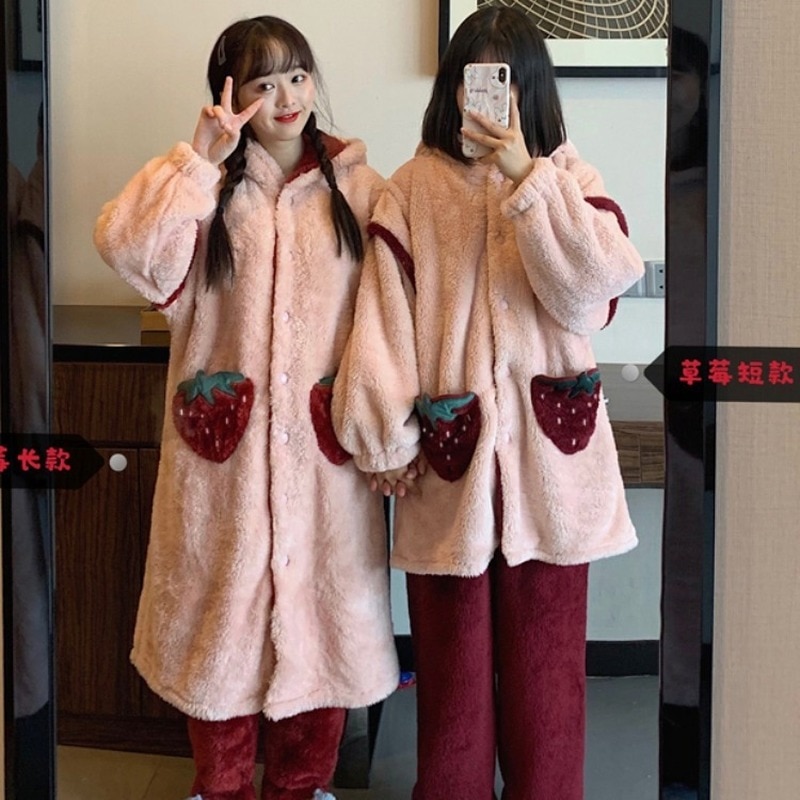 Vinterpyjamas kvinder bukser varm pyjamas koreansk kæreste jordbær hættepyjamas hjemmeservicedragt