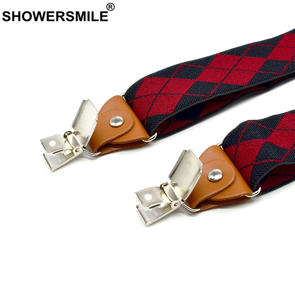 Showersmile hängslen man för byxor svart röd argyle justerbart y back hängselbälte 3 klämmor med läder hängslen