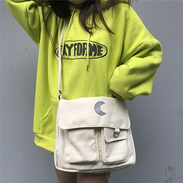 Simple Moon Large Capacity Messenger Handbags Harajuku Casual Ulzzang Women&#39;s College Shoulder Bags Canvas Chic Crossbody Bags: white moon