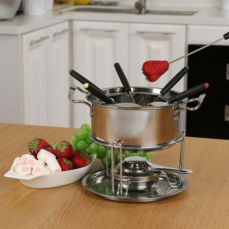 10-Piece Set Stainless Steel Cheese Ice Cream Chocolate Pot Fondue Set Kitchen Accessories for Home Buffet Party