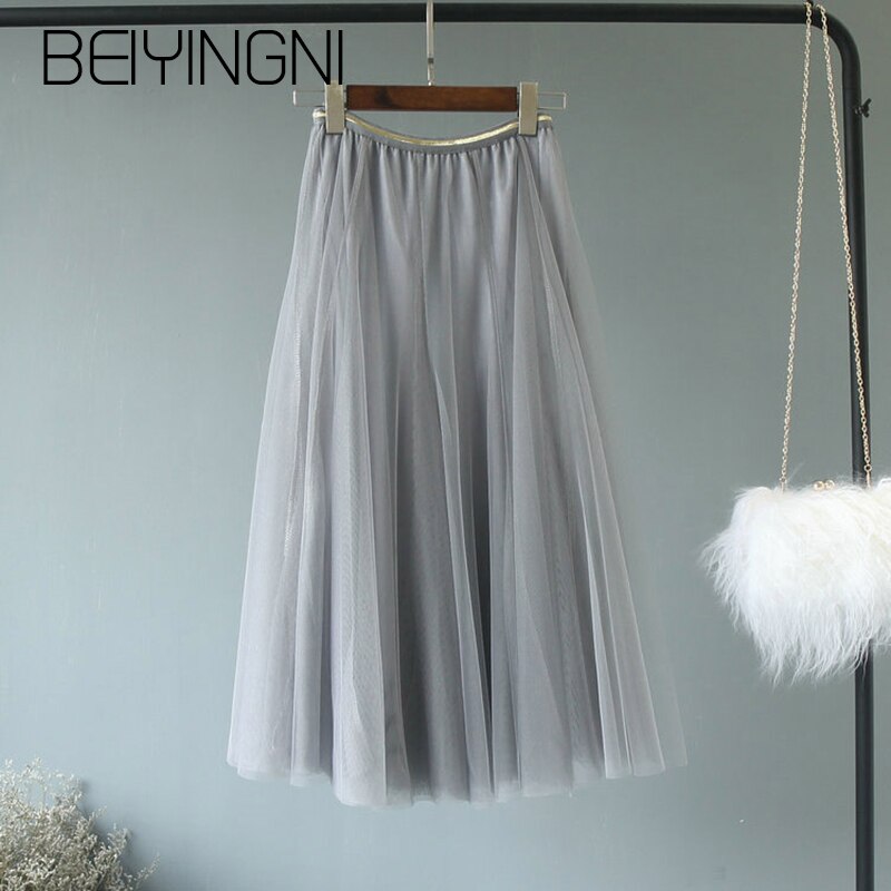 Beiyingni tyllkjolar dam mesh elastisk midja 4 färger tutu kjol söt kpop brudtärnor veckade kjolar falda saia midi