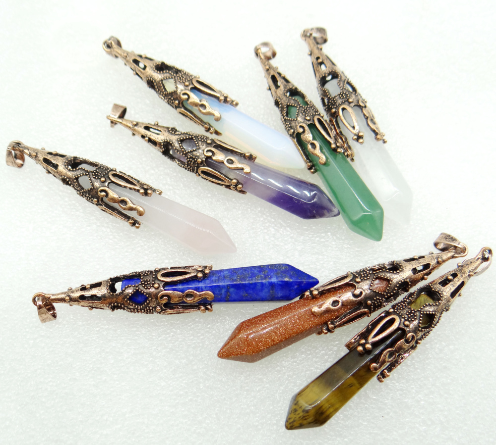 Jewelry Gold Color Faceted Natural Stone lapis Crystal Quartz Pendulum Hexagon Suspension Pendant for Necklace 6pcs