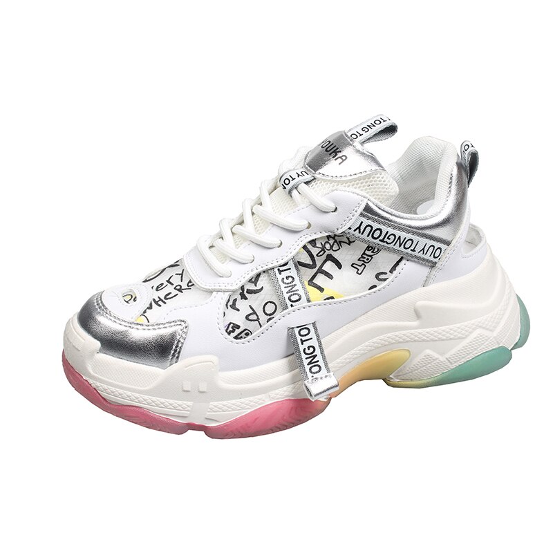 Fujin kvinders sneakers sko kvindelige efterår sko kausal lavvandet tyk bund åndbare platform sko: Sølv / 8.5