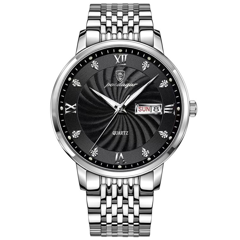POEDAGAR Luxe Man Horloge Waterdicht Lichtgevende Datum Week heren Quartz Horloge Roestvrij Staal Mode Sport Heren Horloges: Black