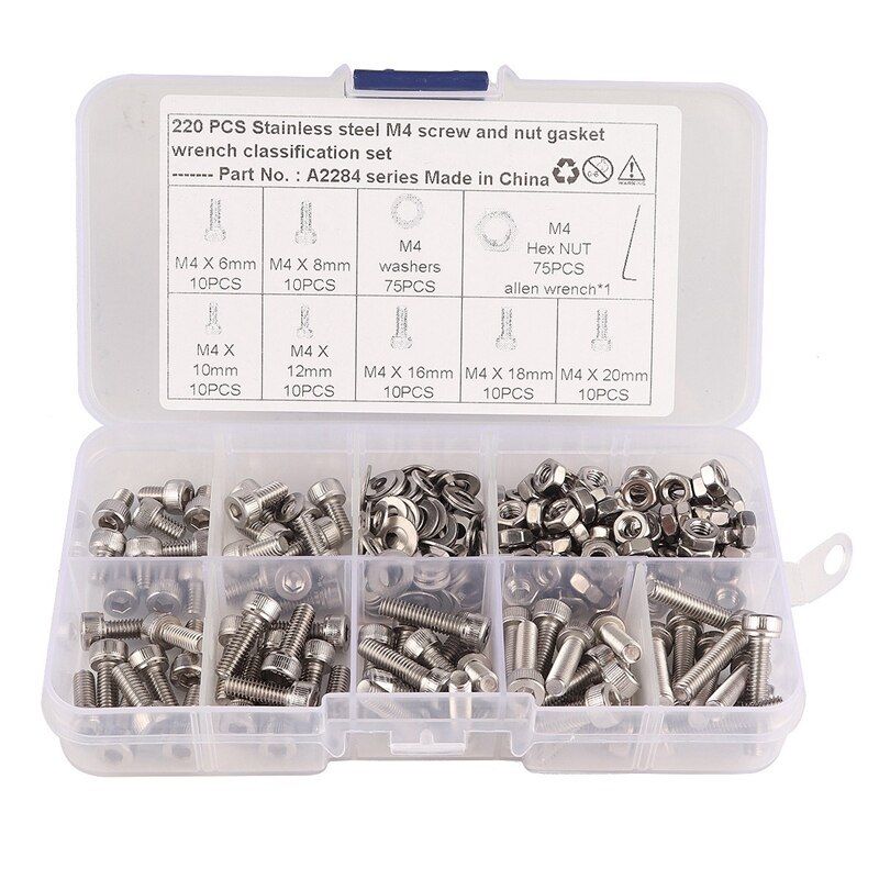 220 PCS Boxed 304 Stainless Steel Screw Kit M4 Hexagon Socket Head Screw Wrench Combination