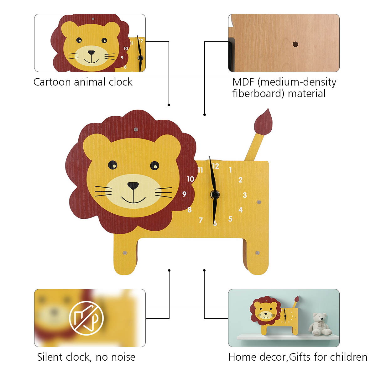 Tooarts dessin animé Animal horloge Lion horloge MDF en bois horloge murale pour enfants chambre salon, décor à la maison
