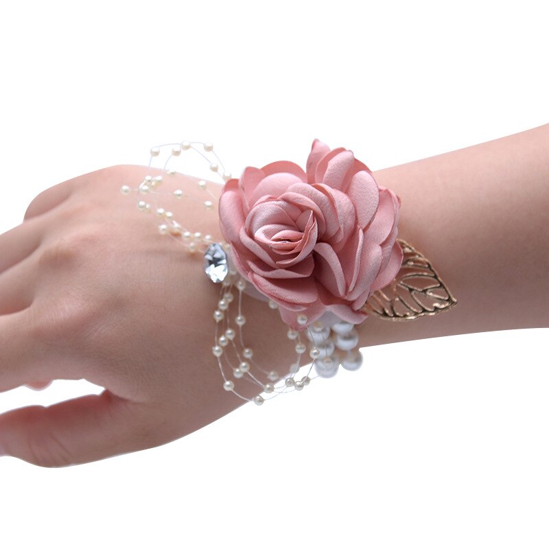 Stof Rose Bloem Hoofd Wedding Bridal Pols Corsage met Parel Accessoire Bruidsmeisje Corsage Armband Party Decoratie Armband: Champagne