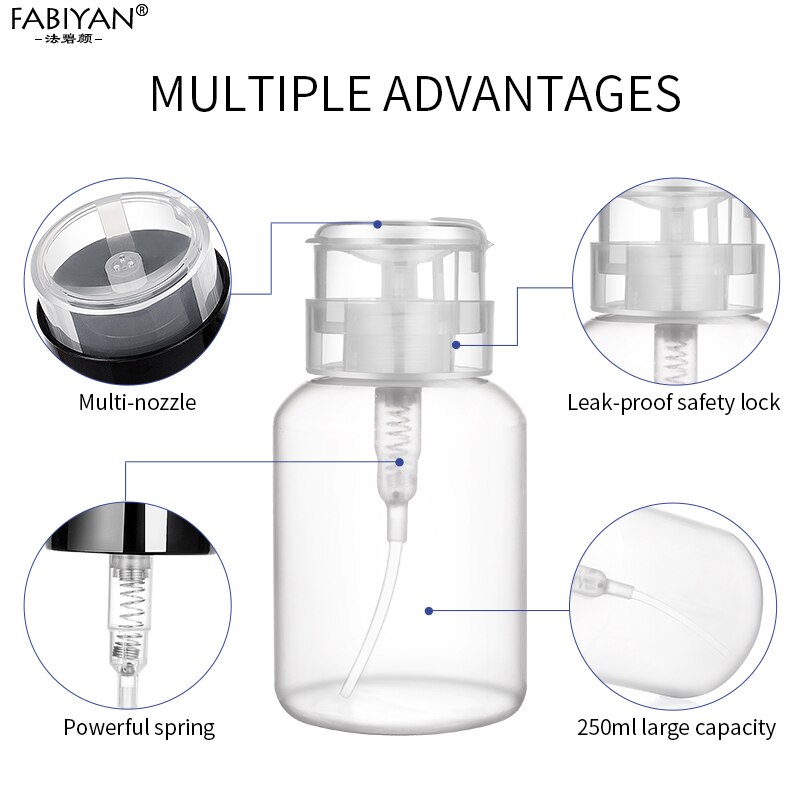 1Pc 250ml Nail Art Empty Plastic Bottle Polish Remover Alcohol Press Pumping Dispenser Nail Art UV Gel Cleaning Manicure Tool
