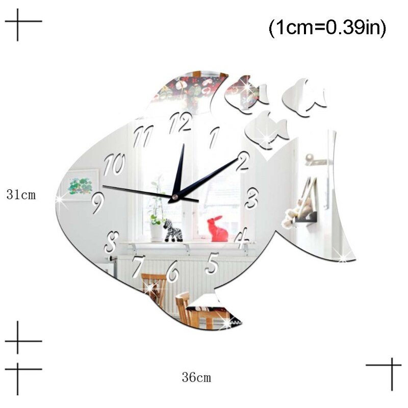 Leuke Vis Vorm Acryl Wandklok Spiegel Sticker Horloge Diy Sticker Voor Kinderkamer B36E