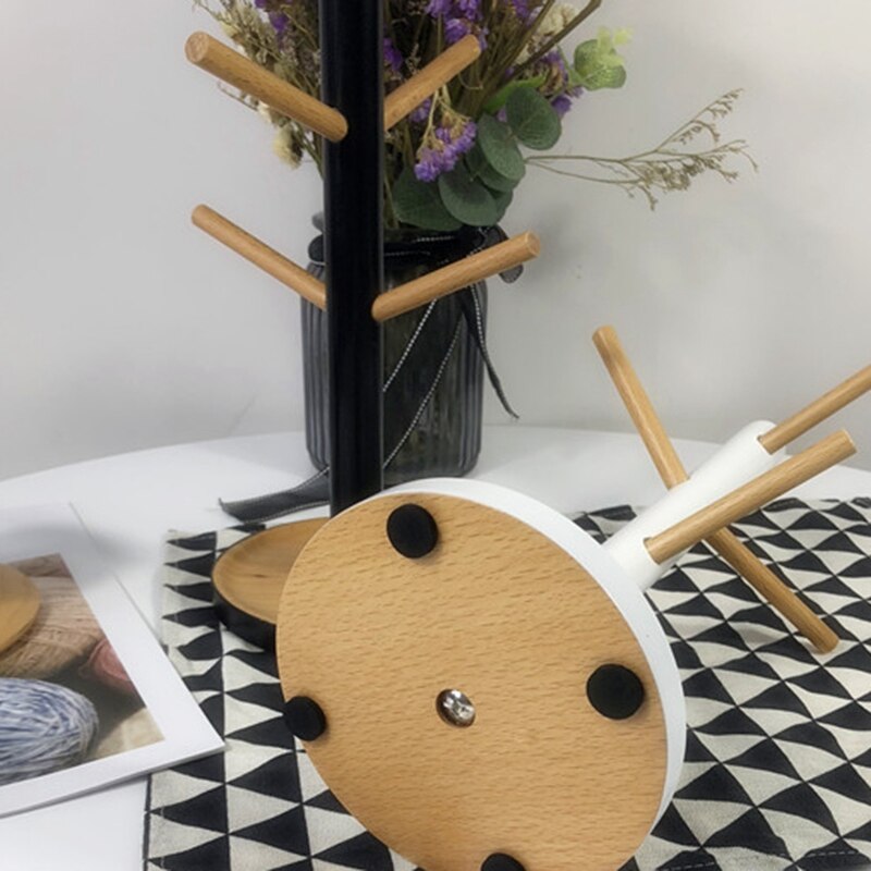 Estante de madera para colgar tazas, estante para vasos con 6 ganchos, soporte de madera para tazas de té o café, soporte blanco