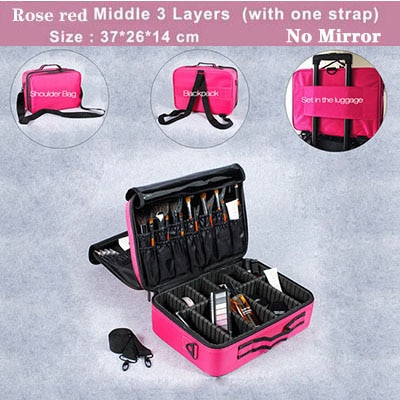 Vrouwen Professionele Nylon Make-Up Case Draagbare Reizen Schoonheidsspecialist Case Cosmetische Organizer Case Box Met Spiegel Schoonheid Koffer: Rose red M 3 Layers