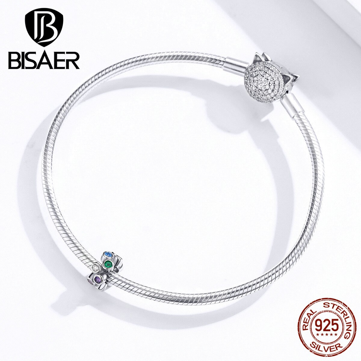 Color Beads BISAER 925 Sterling Silver Spacer Beads Clear & Rainbow Cubic Zircon Charms for Jewelry Making Accessories EFC184