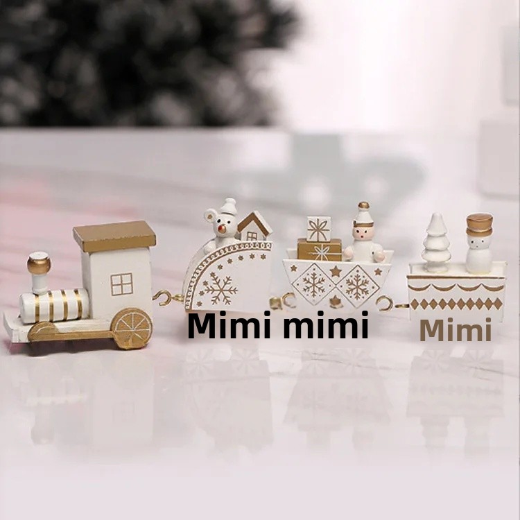 Wooden Christmas Decorations Four Section Train Display Window Tabletop Decoration Children's Cake Decoration Home Use: Beige