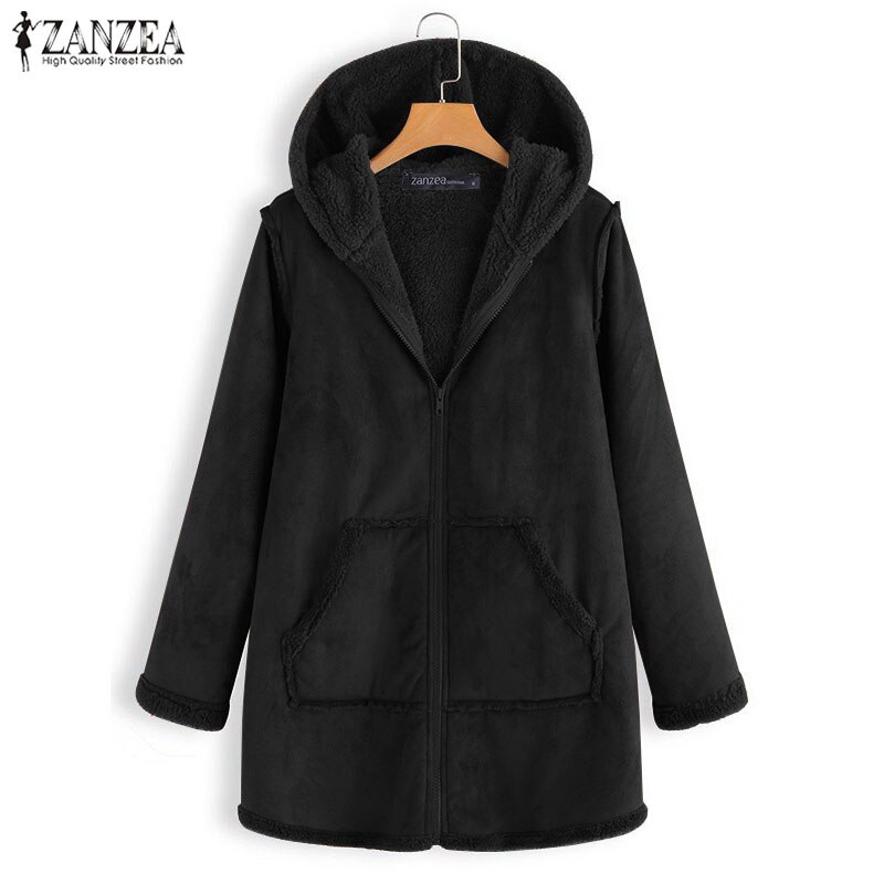 Plus Size Jassen vrouwen Casual Jassen ZANZEA Winter Warme Voering Vest Bovenkleding Hooded Lange Mouwen Rits Tops 5XL: Zwart / S