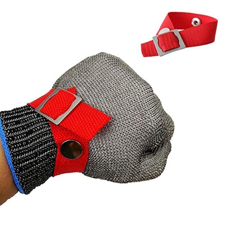 Guante de carnicero de malla metálica de acero inoxidable, resistente a Cortes, protección de alto rendimiento, nivel 5, azul y rojo