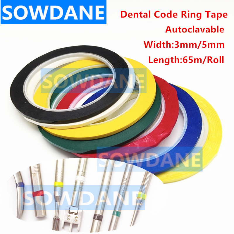 Bande annulaire de Code dentaire multicolore, 1 rouleau/2 rouleaux, pour Instruments dentaires, matériau de dentiste Autoclavable, longueur 65m, largeur 3mm/5mm