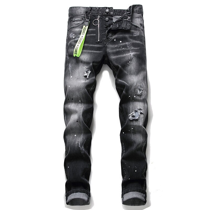 Jean déchiré avec icône de peinture noire pour hommes, 2022, fermeture éclair sauvage, décoration, personnalité, 1056: 32