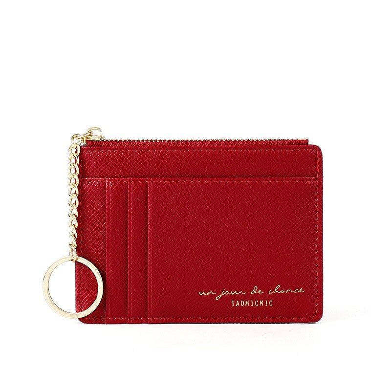 Newest Solid Credit Card Holders Trendy Small Brown And Black Zipper Wallet Mini Coin Purse Keychain Ladies Card Holder: Red