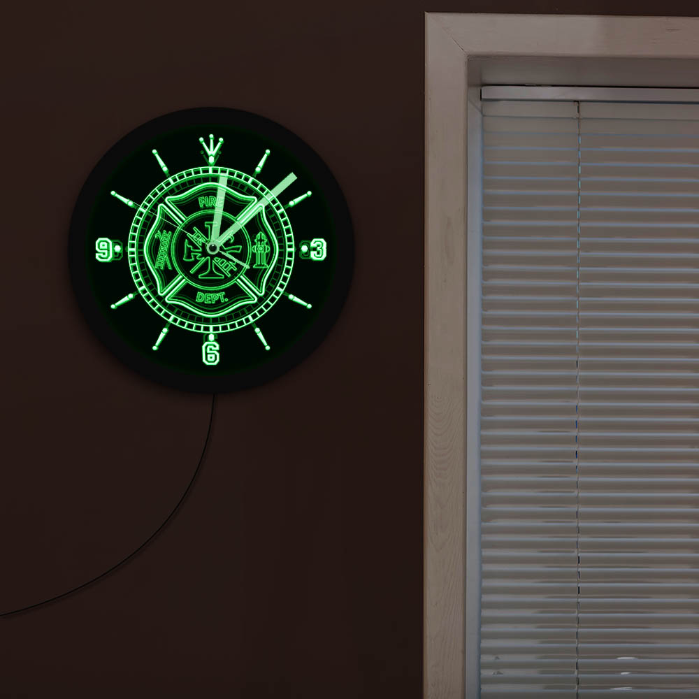 Fire Rescue Fire Dept.LED Lighted Wall Clock Maltese Cross Firefighter Sign Color Changes Lighting Wall Decor Firehouse