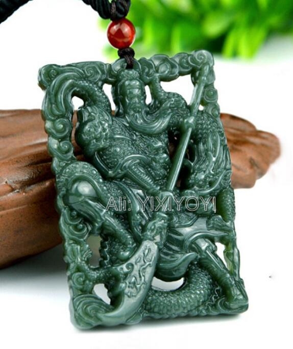 Natural Green HeTian Jade Carved Hollow Chinese Sword GuanGong Amulet Lucky Pendant + Beads Necklace + Certificate Fine Jewelry