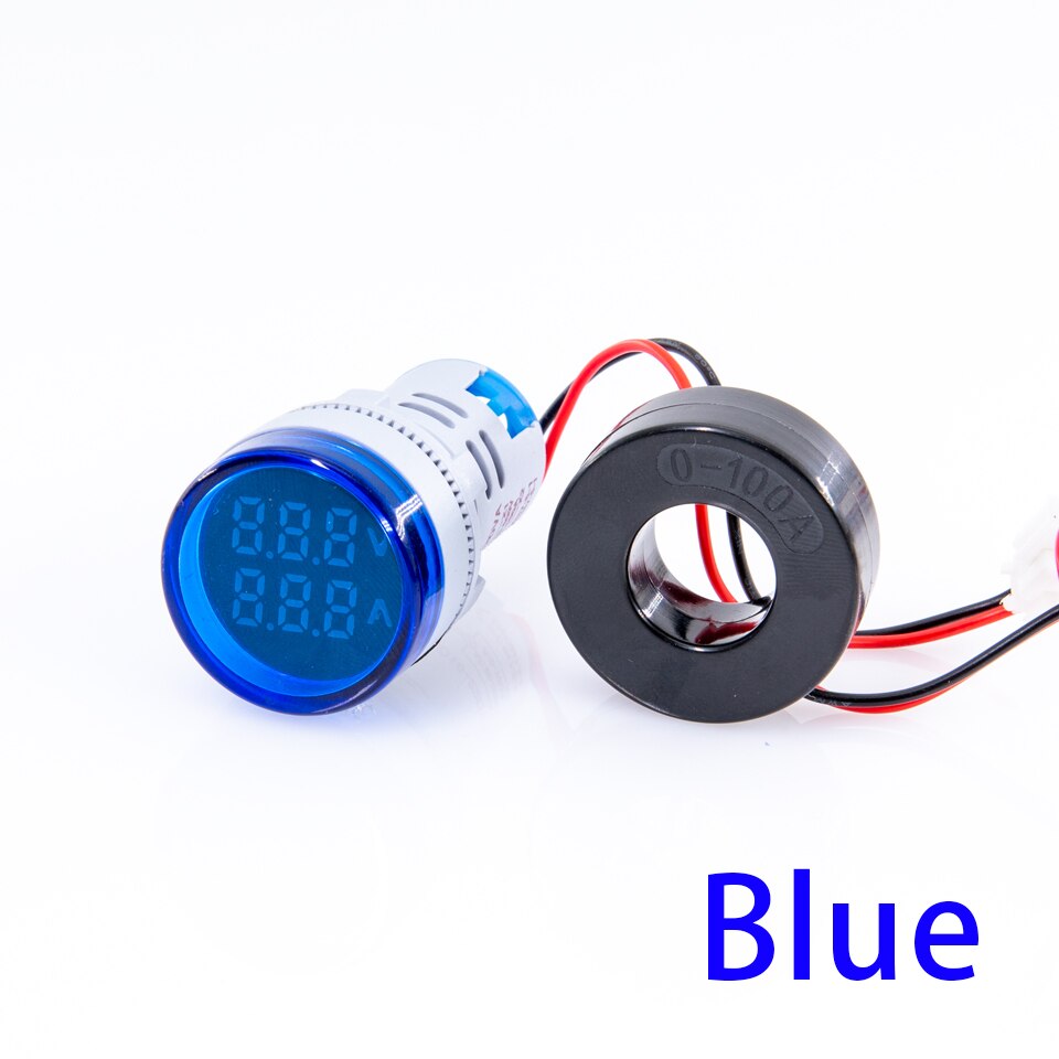 Mini Digitale Voltmeter Amperemeter 22Mm Ronde Ac 50-500V 0-100A Amp Volt Voltage Tester Meter Dual Led indicator Pilot Lamp Licht: Blue