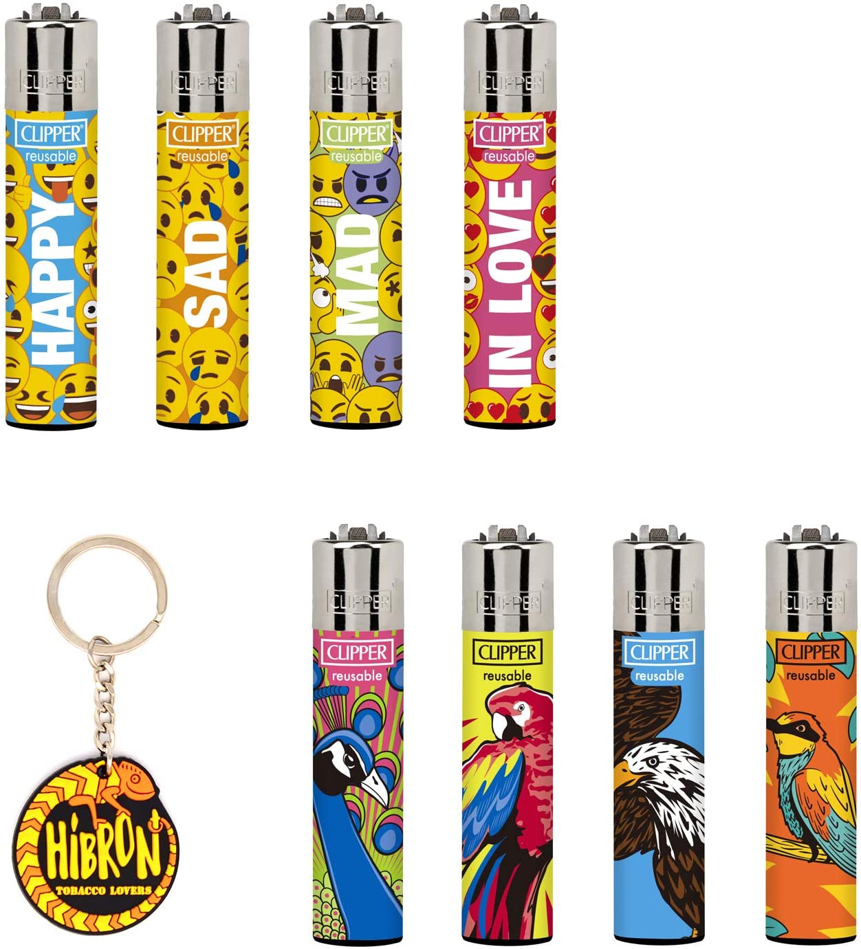 Pack de Clipper 8 Mecheros Encendedores Diversos Surtidos Bonitos + 1 Llavero Camaleón Hibron: 1-10003-96